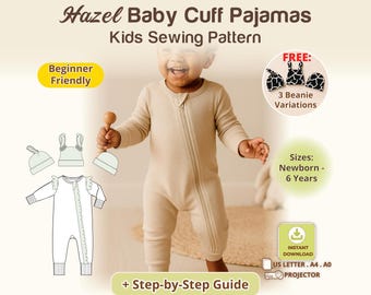 Baby Romper Pajamas with zipper Sewing Pattern with Cuffs, Newborn Zipped Onesie Pattern with Ruffles | Toddler Sleeper Footless | Beanie
