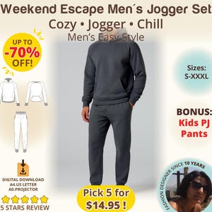 Men Jogger Set Sewing Pattern, Raglan Sleeve Hoodie or Neckband, Rib Knit Cuffs, Relaxed Fit