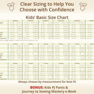 Clear kids basic size chart for sewing patterns, showing newborn to 14 years measurements in centimeters and inches, including height, chest, waist, hip and length guidance, designed to help moms and grandmas confidently choose the right size before sewing, encouraging accurate fit by measurement rather than age, ideal for baby sewing pattern and toddler sewing pattern planning, supports confident beginners using kids pdf sewing pattern for garments that fit comfortably and grow beautifully.