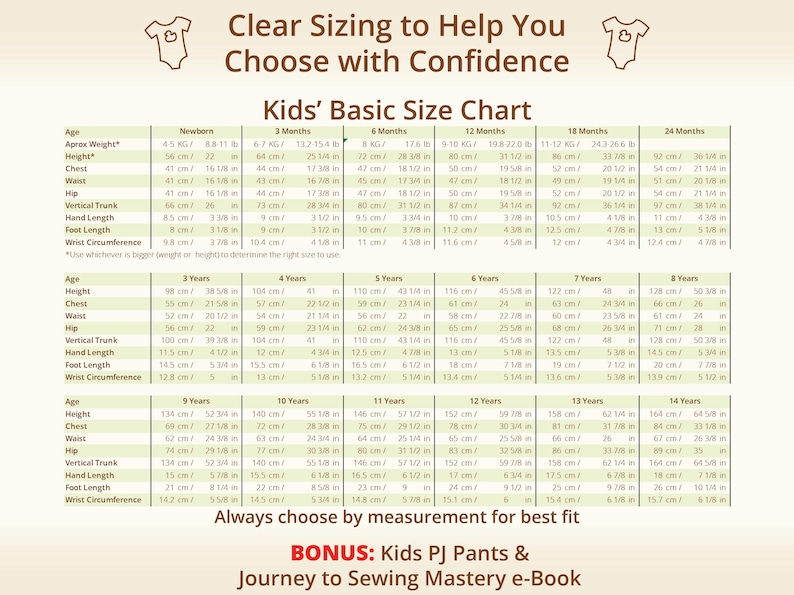 Clear kids basic size chart for sewing patterns, showing newborn to 14 years measurements in centimeters and inches, including height, chest, waist, hip and length guidance, designed to help moms and grandmas confidently choose the right size before sewing, encouraging accurate fit by measurement rather than age, ideal for baby sewing pattern and toddler sewing pattern planning, supports confident beginners using kids pdf sewing pattern for garments that fit comfortably and grow beautifully.