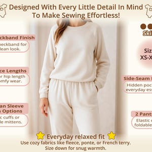 Womens lounge outfit displayed in a sewing pattern bundle featuring relaxed fit and cozy styling, perfect for sewists planning everyday wearable pieces across multiple coordinated projects