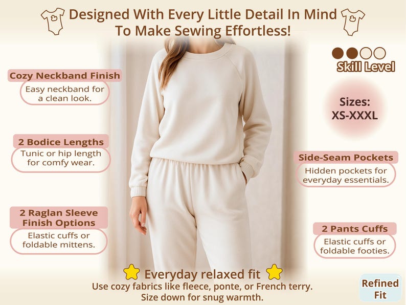 Womens lounge outfit displayed in a sewing pattern bundle featuring relaxed fit and cozy styling, perfect for sewists planning everyday wearable pieces across multiple coordinated projects