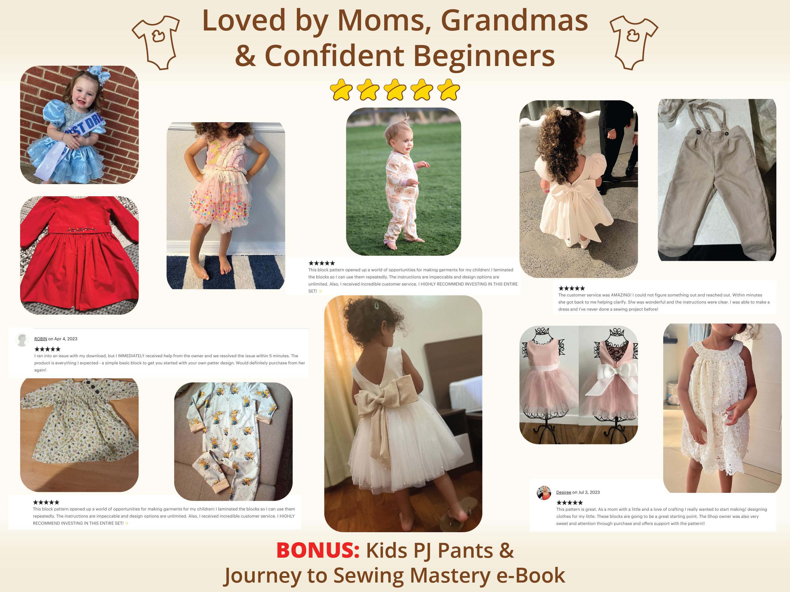 Customer reviews and finished makes collage showing real children wearing garments sewn from the patterns, shared by moms and grandmas worldwide, builds trust and confidence through authentic results, demonstrates how baby sewing pattern and toddler sewing pattern projects look in real life, reassures new buyers that kids pdf sewing pattern designs are achievable, loved and successfully sewn by confident beginners.