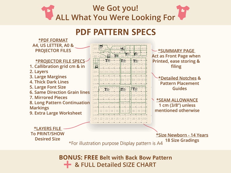 We Got You. All what you dream of.
PDF instant download A4, A0, US Letter and Projector file. Layered Size gradings in different colors and shapes. 1 cm seam allowance. Notches marks and pattern placement to ensure perfect garment