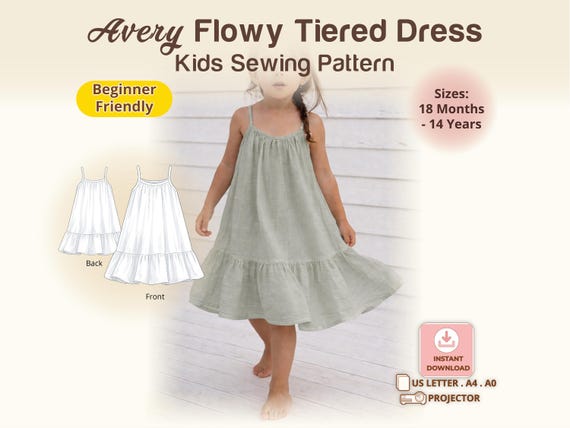 Girls Tiered Summer Dress PDF Sewing Pattern, A Line Strap Sundress, Ruffle Everyday Dress, Baby Toddler Kids Gathered Dress Pattern