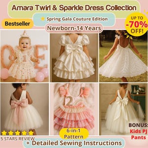 Könnte beinhalten: Das Bild zeigt die "Amara Twirl & Sparkle Dress Collection" mit verschiedenen Kinderkleidern. Die Kleider sind in verschiedenen Stilen und Farben, darunter Weiß, Rosa und Gold. Die Kollektion ist für Neugeborene bis 14 Jahre. Das Bild enthält auch den Text "Bestseller" und "Bis zu -70% Rabatt!"