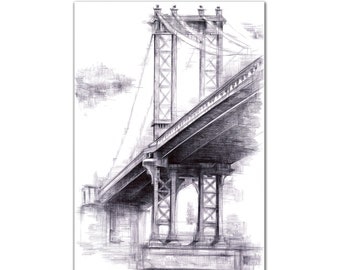 Intalence Art New York City Manhattan, Brooklyn Bridge Wall Decor - 8x10in UNFRAMED Art Print - Modern NYC Black White Wall Art Home Office