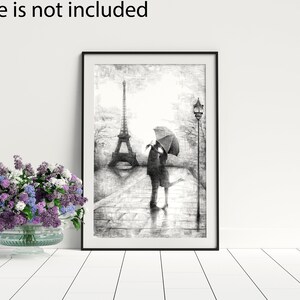 INTALENCE ART Paris Eiffel Tower Romantic Wall Decor - 8x10in UNFRAMED Art Print - Couple Kissing Under Umbrella Wall Art Black White Poster imagem 9