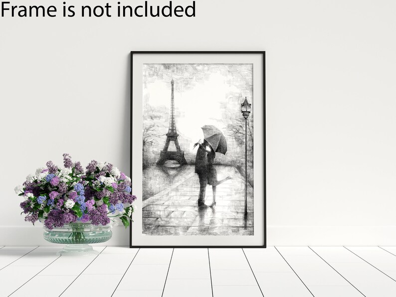 INTALENCE ART Paris Eiffel Tower Romantic Wall Decor - 8x10in UNFRAMED Art Print - Couple Kissing Under Umbrella Wall Art Black White Poster imagem 9