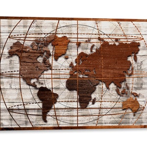 Intalence Art World Map Wall Art Decor, 3D Rustic Picture Artwork Canvas Print Classic Wood Style Living Room Office Decoration Easy to Hang