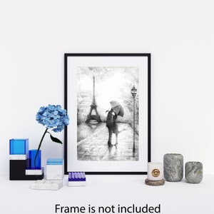 INTALENCE ART Paris Eiffel Tower Romantic Wall Decor - 8x10in UNFRAMED Art Print - Couple Kissing Under Umbrella Wall Art Black White Poster imagem 5