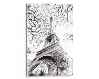 Intalence Art Unique Eiffel Tower Sketch Wall Art, Premium Paris Canvas Print, Home and Office Decoration, Black and White, Easy to Hang