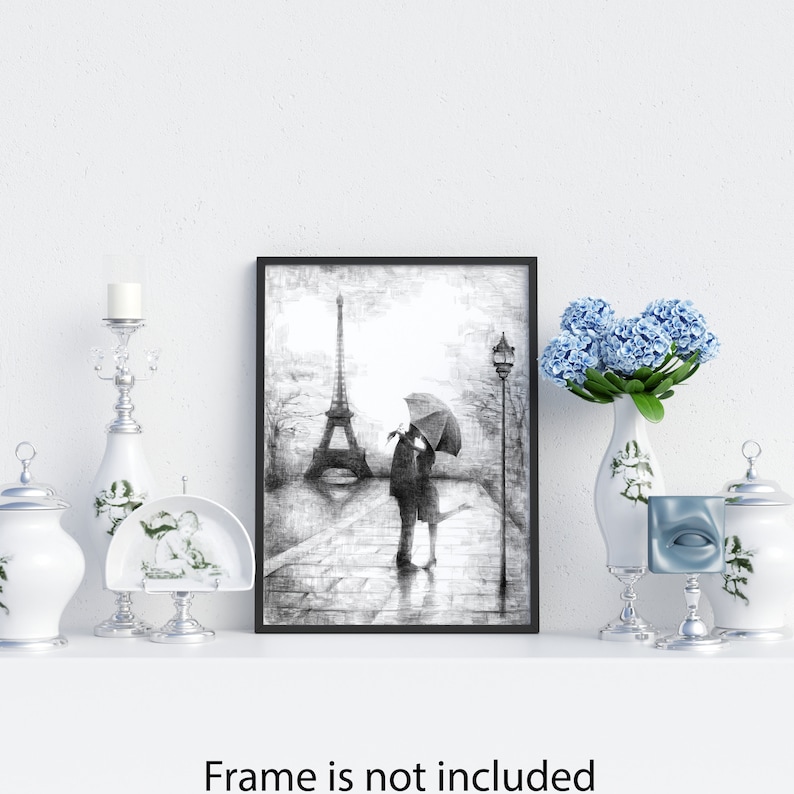 INTALENCE ART Paris Eiffel Tower Romantic Wall Decor - 8x10in UNFRAMED Art Print - Couple Kissing Under Umbrella Wall Art Black White Poster imagem 7
