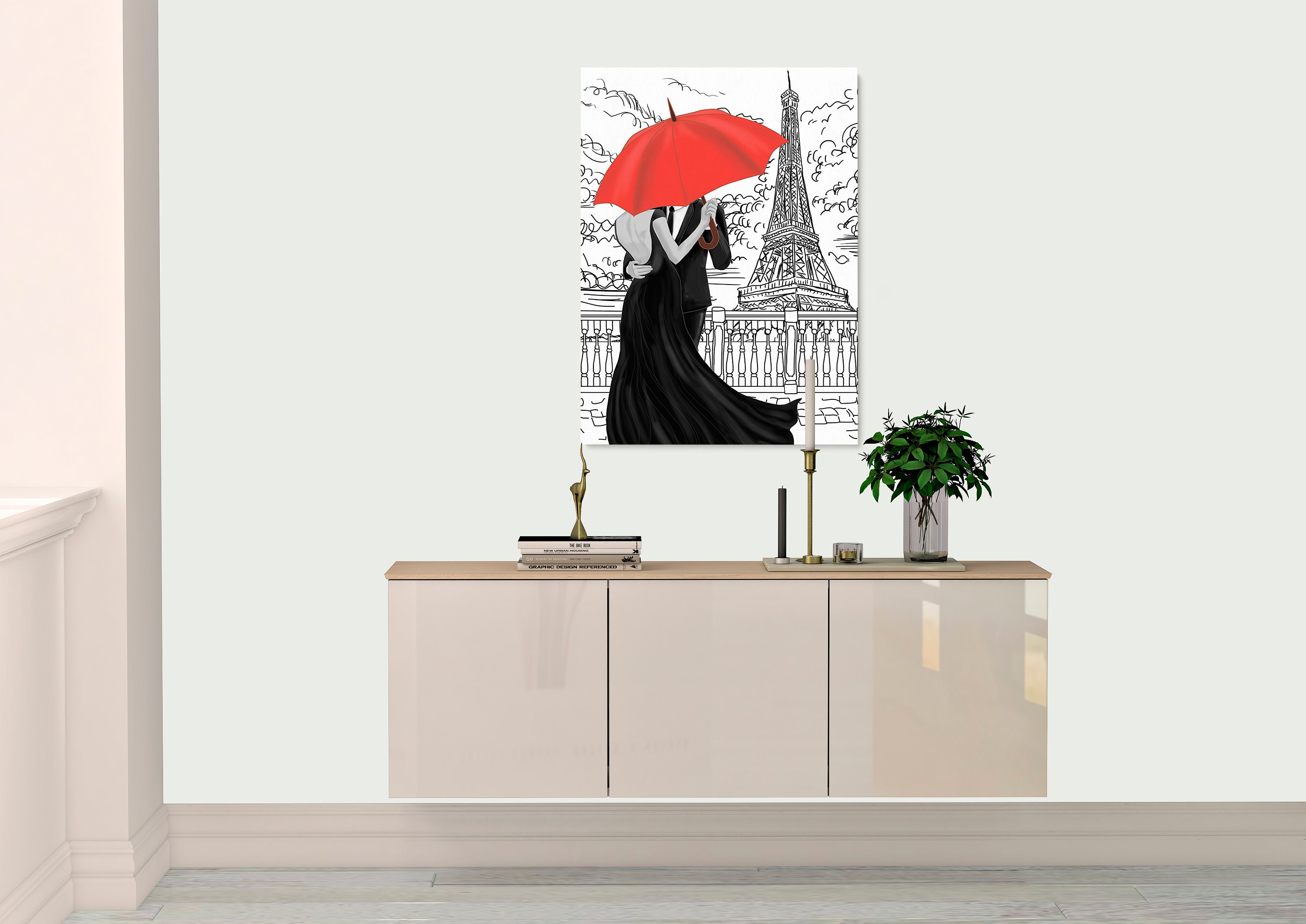 Intalence Art Couple in Paris Under Red Umbrella Wall Art Etsy