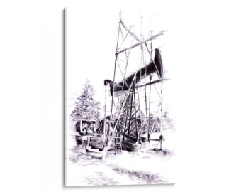 INTALENCE ART Oil Field Drilling Wall Art Decor. Modern Oil Pump Jack Black White Canvas Print. Unique Home, Office Decoration. Easy to Hang