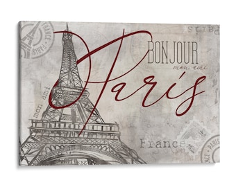 May include: A vintage-style illustration of the Eiffel Tower in Paris, France. The image features a textured background with the words "Bonjour mon ami Paris" in red script.