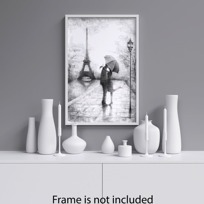 INTALENCE ART Paris Eiffel Tower Romantic Wall Decor - 8x10in UNFRAMED Art Print - Couple Kissing Under Umbrella Wall Art Black White Poster imagem 6