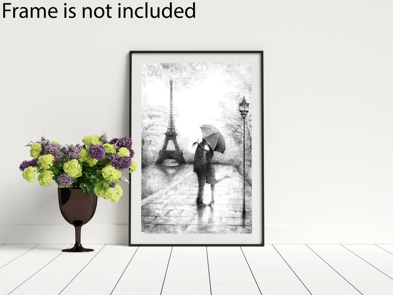 INTALENCE ART Paris Eiffel Tower Romantic Wall Decor - 8x10in UNFRAMED Art Print - Couple Kissing Under Umbrella Wall Art Black White Poster imagem 8