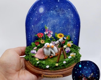 Handmade Duck Couple Diorama, Romantic Night Sky Decor, Glow in Dark Art