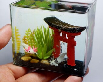 Ajolotes de arcilla en miniatura con torii inari en el tanque