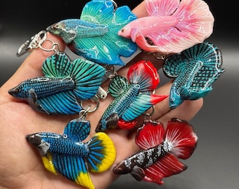 Polymer Clay Betta Fish Keychain, Dragon Scale, White, Blue betta, alien betta