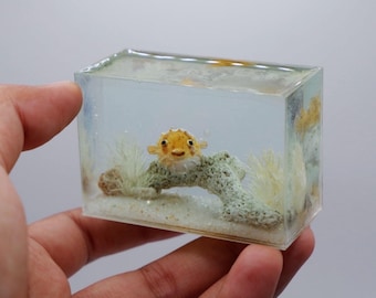 Hand-Painted Polymer Clay Pufferfish Aquarium Sculpture, Mini Fish Tank Decor
