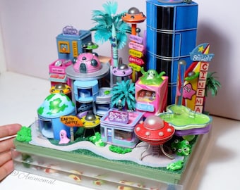 Diorama de ciudad espacial, ciudad alienígena futurista hecha a mano, planeta, puerto espacial, alienígena