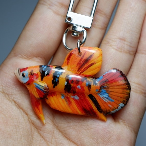Custom Betta Fish Keychain, Polymer Clay Pet Memorial Charm, Personalized Aquarium Keepsake