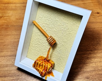 Cuadro decorativo de pared 3D con diseño de panal de abeja, gotas de miel cayendo, decoración de cocina artesanal.