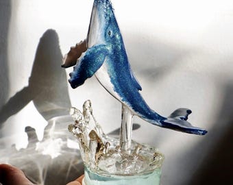 Handmade Humpback Whale Sculpture, Ocean Resin Art, Breaching Whale Coastal Decor