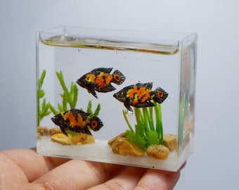 Miniature clay tiger Oscar fish in the tank