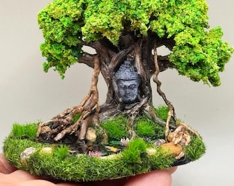 Diorama en miniatura de estanque de carpas koi con árbol de Buda, decoración de jardín hecha a mano, Tailandia