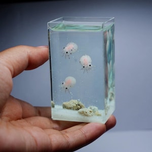 Pode incluir: Um bloco de resina transparente contendo três minúsculas águas-vivas translúcidas com detalhes rosa e preto. O bloco também apresenta uma base arenosa com pequenas rochas, criando uma cena subaquática em miniatura. A resina está contida em um recipiente retangular transparente.