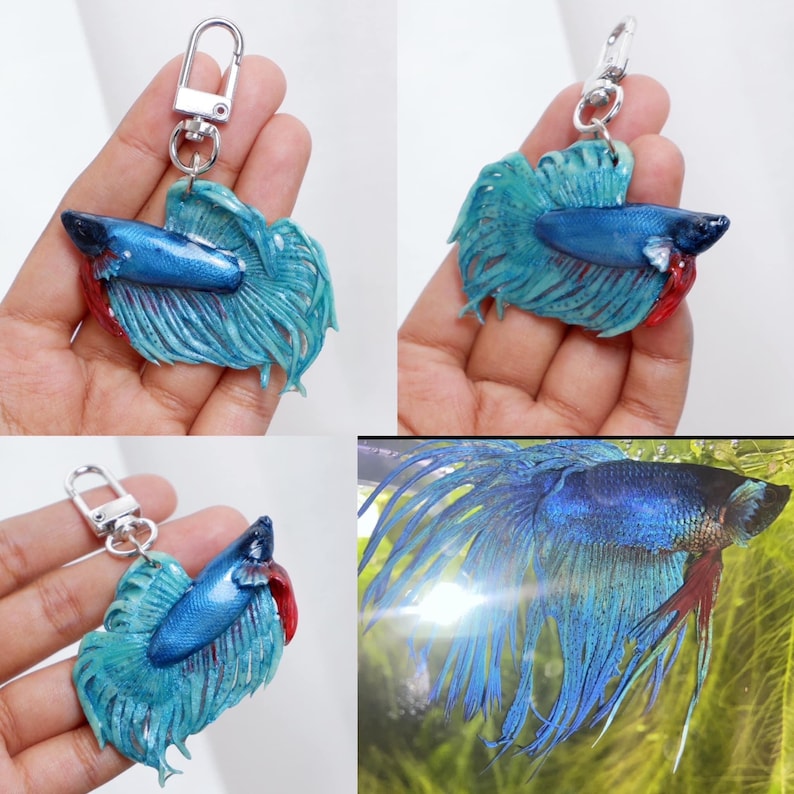 May include: A blue and red betta fish keychain with a silver chain. The fish is made of polymer clay and has a realistic appearance.