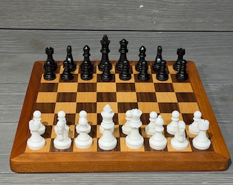 Chess Board - Handcrafted - Hard Maple & Walnut with Cherry Trim – 12"x12" – Custom Resin Chess and Checkers Pieces