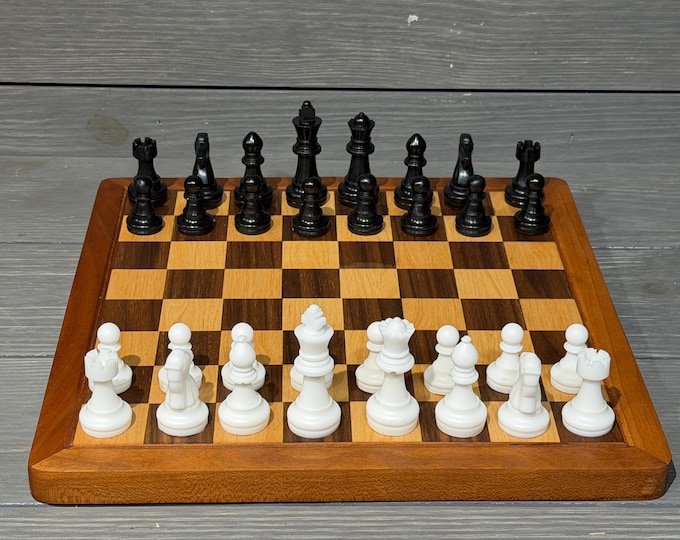 Chess Board - Handcrafted - Hard Maple & Walnut with Cherry Trim – 12"x12" – Custom Resin Chess and Checkers Pieces