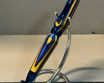 BLUE GALAXY - A Handcrafted Cigar Pen of Bright Blue and Yellow Spectraply - with Blue Trim