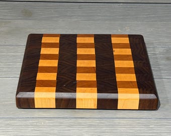 Handcrafted End Grain Cutting Board – Dark Walnut, Cherry & Hard Maple – 9" x 10"