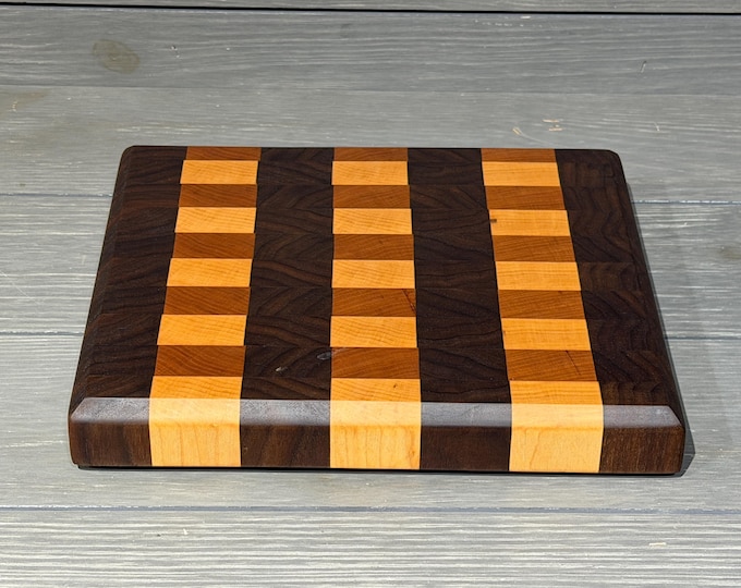 Handcrafted End Grain Cutting Board – Dark Walnut, Cherry & Hard Maple – 9" x 10"
