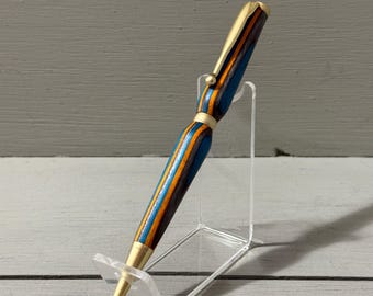 Peace and Harmony – Slim-Style Pen in Turquoise, Orange & Black Spectraply with Satin Gold Trim