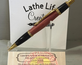 The Philmont Gatsby – Handcrafted Gatsby Style Click Pen in Certified Philmont Cedar with Gold Trim