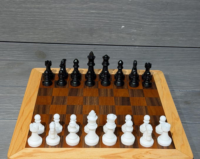 Chess Board - Handcrafted - Walnut & Cherry with Maple Trim – 12"x12" – Custom Resin Chess Pieces