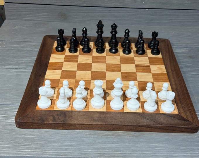 Chess Board - Handcrafted - made of Hard Maple & Cherry with Walnut Trim – 12"x12" – Custom Resin Chess Pieces
