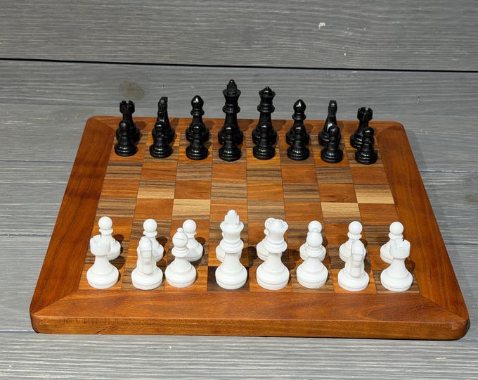 Chess Board - Handcrafted - made of Hard Maple & Cherry with Cherry Trim – 12"x12" – Custom Resin Chess Pieces