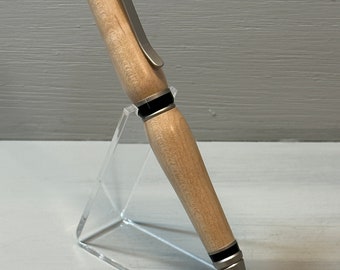 The Curly Maple Cigar Pen - a handcrafted cigar-style pen made of Curly Maple wood with Satin Nickel trim