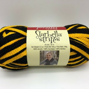 Premier Yarns, Starbella Stripes, Stinger 17-06, Black and Yellow Yarn, Black and Gold Yarn, Ruffle Yarn, Scarf Knitting, Team Spirit Yarn