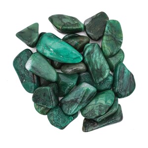 May include: A collection of green tumbled stones, also known as green aventurine, with a variety of shapes and sizes. The stones have a smooth, polished finish.