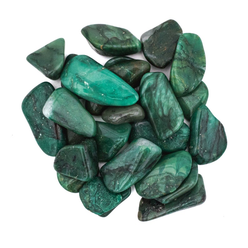 May include: A collection of green tumbled stones, also known as green aventurine, with a variety of shapes and sizes. The stones have a smooth, polished finish.