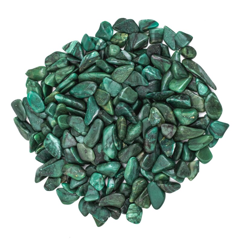 May include: A large pile of green tumbled stones. The stones are smooth and have a slightly sparkly finish.