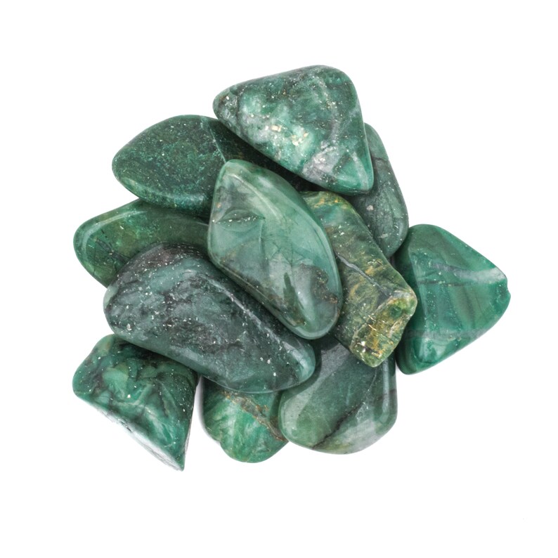 May include: A collection of tumbled green aventurine stones. The stones are smooth and polished, with a variety of shapes and sizes.